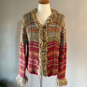 Susan Bristol vintage cable knit loop button down cardigan sweater yarn fringe M
